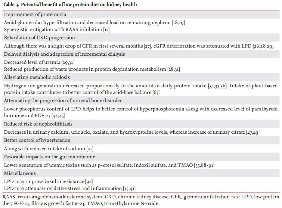 Potential benefit of low protein diet on kidney health